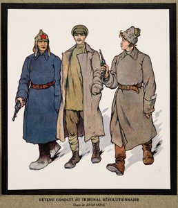 Häftling wird zu einem Revolutionstribunal gebracht; aus Histoire des Soviets, veröffentlicht 1922 (farbige Lithographie) von Boris Vasilievich Zvorykin