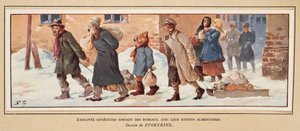 Sowjetische Arbeiter verlassen das Büro mit ihren Essensrationen, aus Histoire des Soviets, veröffentlicht 1922