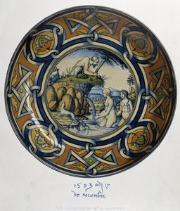 Actaeon überrascht Artemis (Diana) beim Baden - in „Collection of Italian faiences of the XV, XVI and XVIIIth centuries“, entworfen von C. Delange und C. Borneman, hrsg. Delange, Paris von Bornemann Bornemann