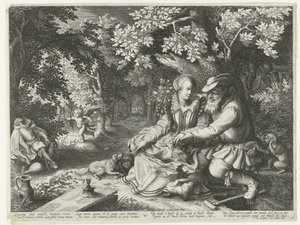 Tod und Amor schießen gegenseitig ihre Pfeile ab und ein alter Mann macht einer jungen Frau den Hof von Boëtius Adamsz. Bolswert