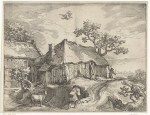 Landschaft mit Bauernhof und Raub des Ganymedes von Boëtius Adamsz. Bolswert