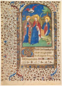 Blatt aus einem Stundenbuch: St. Geneviève, Katharina von Alexandria und Margareta recto, um 1415 von Boucicaut Master