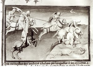 Ms Fr 2810 Der mongolische Anführer Hulagu, Khan des Ilkhanats, jagt seinen Cousin Berke, Khan der Kipchak oder Goldenen Horde im Jahr 1262 und zwingt ihn in einen Fluss, aus Livre des Merveilles du Monde, ca. 1410 von Boucicaut Master