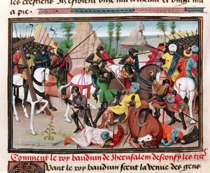 Die Schlacht zwischen König Balduin I. und den Türken, aus Chroniques des empereurs von David Aubert, 1462