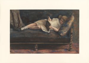 Lesendes Mädchen, liegend auf einer Bank