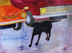 Hund auf dem Gebrauchtwagenplatz, Rex mit rotem Auto von Brenda Brin Booker