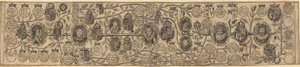 Stammbaum mit Porträts von Heinrich VII, Heinrich VIII, Elisabeth, James und Charles
