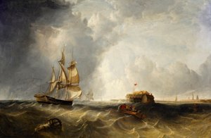 Ein Segelschiff und ein Ruderboot vor Calais von British School