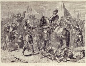 Schlacht von Bosworth Field. Lord Stanley bringt die Krone von Richard III zu Richmond (1485): Ende des Rosenkrieges - in Cassell