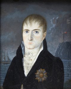 Kaiser auf der Insel St. Helena - Porträt von Kaiser Napoleon I. mit nacktem Kopf, in schwarzer Kleidung, mit dem Abzeichen des Großadlers des Ordens der Ehrenlegion - Porträt von Napoleon Bonaparte auf der Insel St. Helena von Captain Dodgin (aktiv)