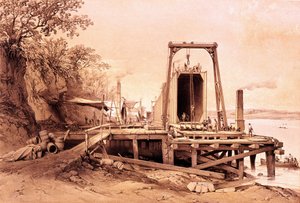 Industrielle Revolution: Installation einer vorgefertigten Brücke. Gravur aus „Britannia and Conway Tubular Bridges“ von British School
