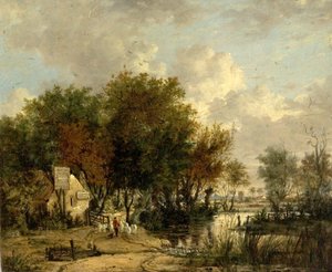 Flusslandschaft, Junge treibt Schafe von British School
