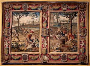 September und Oktober: „landwirtschaftliche Arbeit und Ernte“ Tapisserie der Manufakturen von Mortlake. 17. Jahrhundert Genua, Musei di Strada Nuova von British School