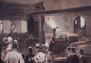 Besucher beobachten den Bessemer-Stahlprozess in der Gießerei von John Brown und Co von British School