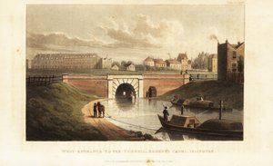 Westportal zum Islington-Tunnel, mit einem Pferd, das einen Lastkahn entlang des Regent’s Canal zieht von British School
