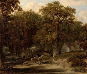 Waldszene mit Brücke und Vieh