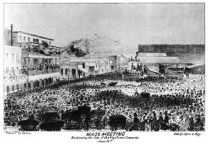 Eine Massenversammlung vor Fort Vigilant, Sacramento, Kalifornien, 1856, 1937 von Britton and Rey