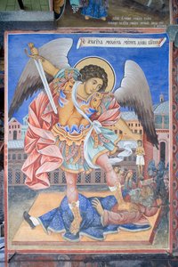 Bulgarien, Rila-Kloster, Fresko des Erzengels Michael in der Kirche der Geburt der Jungfrau