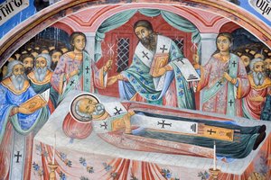 Bulgarien, Rila-Kloster, Beerdigungsfresko in der Kirche der Geburt der Jungfrau von Bulgarian School