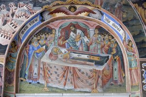 Bulgarien, Rila-Gebirge, Rila-Kloster, Freskodetail in der Kirche der Geburt der Jungfrau von Bulgarian School