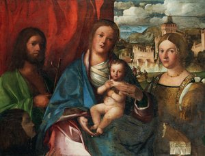 Die Jungfrau und das Kind mit den Heiligen Johannes dem Täufer, Katharina von Alexandria und Stifter, frühes 16. Jahrhundert