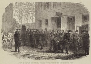 Verhaftung von Megy und Entfernung eines ermordeten Polizisten in der Rue des Moines, Paris von Burn Smeeton