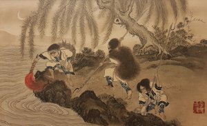Fischen mit einer brennenden Fackel. Aus der Serie Die Ainu, zweite Hälfte des 19. Jahrhunderts von Byozan Hirasawa
