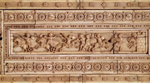 Kampfszene. Elfenbeinrelief. Oberer Teil einer Schachtel (10. Jahrhundert). Musée Cluny, Paris
