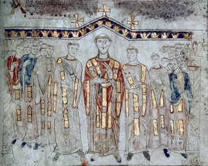 Byzantinische Kunst: Versammlung des Kapitels der Kathedrale von Gaeta, bestehend aus Bischöfen und Diakonen. Miniatur aus dem 