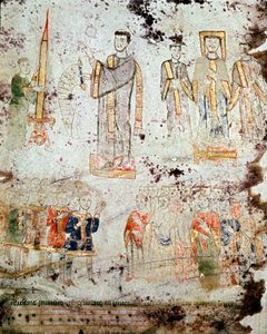 Byzantinische Kunst: „Zeremonie der Segnung der Osterkerze in Anwesenheit des Bischofs, der Mitglieder des Klerus und der Herren (Patricius) der Stadt Gaeta in Italien“ Miniatur aus „Exultet“ vom Anfang des 11. Jahrhunderts Museo Diocesano, Gaeta von Byzantine