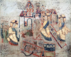 Byzantinische Kunst: „Darstellung des Erlösers Christus, der die Tore der Unterwelt niederreißt, Satan zerschmettert und Seelen befreit“ Miniatur aus „Exultet“ vom Anfang des 11. Jahrhunderts Museo Diocesano, Gaeta