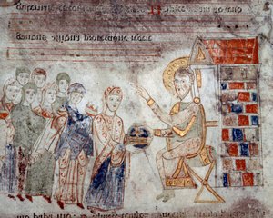 Byzantinische Kunst: „Die Vertreter der verschiedenen Reiche huldigen Christus mit Gaben“ Miniatur aus „Exultet“ vom Anfang des 11. Jahrhunderts Museo Diocesano, Gaeta