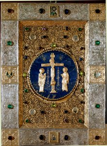 Byzantinische Kunst: Evangelienbuchdeckel mit Goldblättern und Filigrankreuz, das die Jungfrau und den Heiligen Johannes darstellt. 13. Jahrhundert. Venedig, Tesoro di San Marco