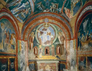 Kapelle des Heiligen Eldrad und des Heiligen Nikolaus mit romanischen Fresken im byzantinischen Stil, Spätes 11. Jahrhundert, Abtei von Novalesa, Piemont, Italien