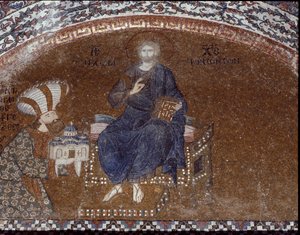 Donator Theodoros Metochites präsentiert seine Kirche Christus (Mosaik von 1310-1320) von Byzantine
