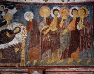 Entschlafung der Jungfrau unter den Aposteln, Detail, Byzantinisches Fresko (13. Jahrhundert), Gulsehir Karsi Kilise (Kirche des Heiligen Johannes), Göreme (UNESCO-Welterbe)