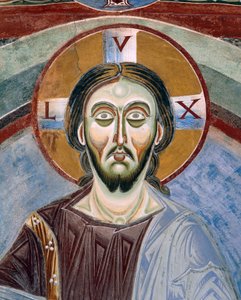 Antlitz Christi Pantokrator, Detail der romanischen Fresken im byzantinischen Stil, spätes 11. Jahrhundert, Kapelle des heiligen Eldrad und des heiligen Nikolaus, Abtei Novalesa, Piemont