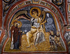 Heilige Frauen am Grab und Erscheinung des Engels, Byzantinisches Fresko (12. Jahrhundert), Karanlik Kilise (Dunkle Kirche) (12.-13. Jahrhundert), Göreme (Unesco-Welterbeliste) von Byzantine