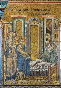 Jesus heilt Simons Schwiegermutter vom Fieber, byzantinisches Mosaik, Episoden aus dem Leben Christi, XII-XIII Jahrhundert von Byzantine