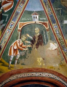 Der heilige Eldrad auf dem Weg nach Santiago de Compostela, Detail aus den Geschichten des heiligen Eldrad, Romanisches Fresko, Byzantinischer Stil, spätes 11. Jahrhundert, Kapelle des heiligen Eldrad und des heiligen Nikolaus, Abtei Novalesa, Piemont von Byzantine