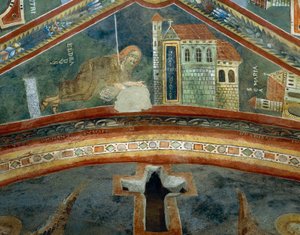 Heiliger Eldrad kehrt von Santiago de Compostela zurück, Detail aus den Geschichten des Lebens des Heiligen Eldrad, Romanisches Fresko, Byzantinischer Stil, spätes 11. Jahrhundert, Kapelle des Heiligen Eldrad und des Heiligen Nikolaus, Abtei von Novalesa, 