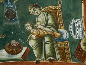 Heiliger Nikolaus verweigert die Milch seiner Mutter, Aus den Geschichten des Lebens des Heiligen Nikolaus, Detail der romanischen Fresken im byzantinischen Stil, spätes 11. Jahrhundert, Kapelle des Heiligen Eldrad und des Heiligen Nikolaus, Abtei von Nova