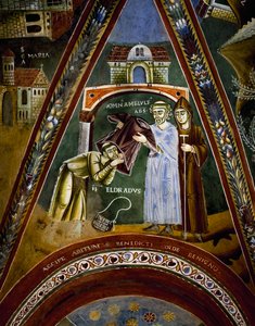St. Nikolaus, Geschichten aus dem Leben von St. Eldrad und St. Nikolaus, St. Eldrado wendet sich an St. Jakobus von Compostela: Empfang eines Mönchshabits vom Abt von Novalesa (Detail)