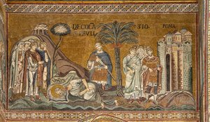 Enthauptung des Heiligen Paulus in Rom, byzantinisches Mosaik, XII-XIII Jahrhundert im nördlichen Querschiff