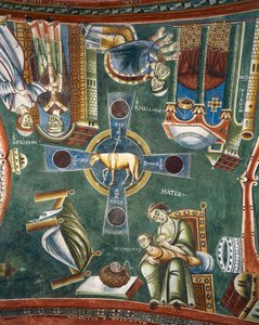 Geschichten aus dem Leben des heiligen Nikolaus, Detail der romanischen Fresken im byzantinischen Stil, spätes 11. Jahrhundert, Kapelle des heiligen Eldrad und des heiligen Nikolaus, Abtei Novalesa, Piemont von Byzantine