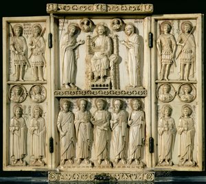 Das Harbaville-Triptychon, das Christus auf dem Thron mit der Jungfrau und Johannes dem Täufer darstellt, andere Tafeln zeigen Heilige, aus Konstantinopel