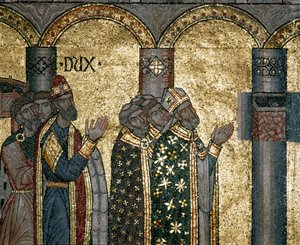 Byzantinische Architektur: Entdeckung der Urne des Heiligen Markus. Detail des Mosaiks auf goldenem Hintergrund. Basilika San Marco, Venedig von Byzantine Byzantine