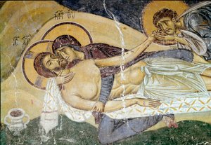 Byzantinische Kunst: „Klage über den Tod Christi“ Fresko des Malers aus dem 12. Jahrhundert. Detail. Nerezi, San Pantaleimone, Mazedonien