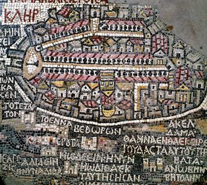 Byzantinische Kunst: älteste Karte von Palästina. Detail, das Jerusalem darstellt. Mosaik aus dem 6. Jahrhundert. Madaba, Kirche St. Georg