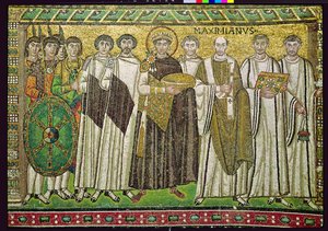 Kaiser Justinian I. und sein Gefolge von Beamten, Wachen und Klerikern, ca. 547 n. Chr. (Mosaik)